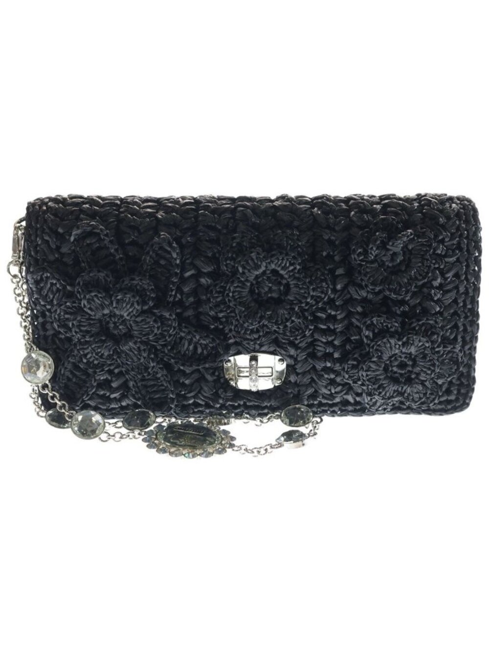 Miu Miu Crystal Decoration Raffia Handbag Black